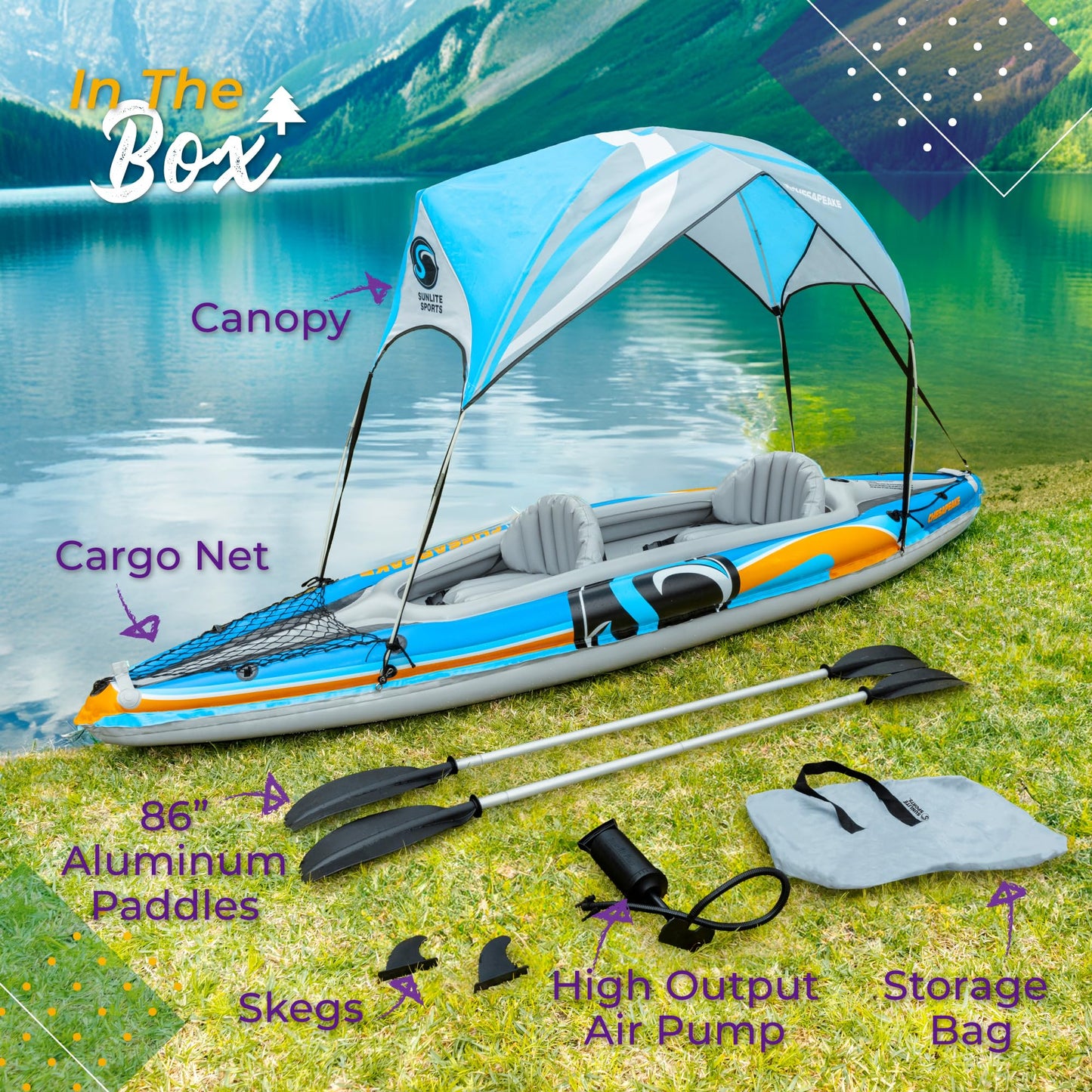 Sunlite Sports 2-person inflatable kayak with canopy, aluminum oars, pump, carry bag, 400lb