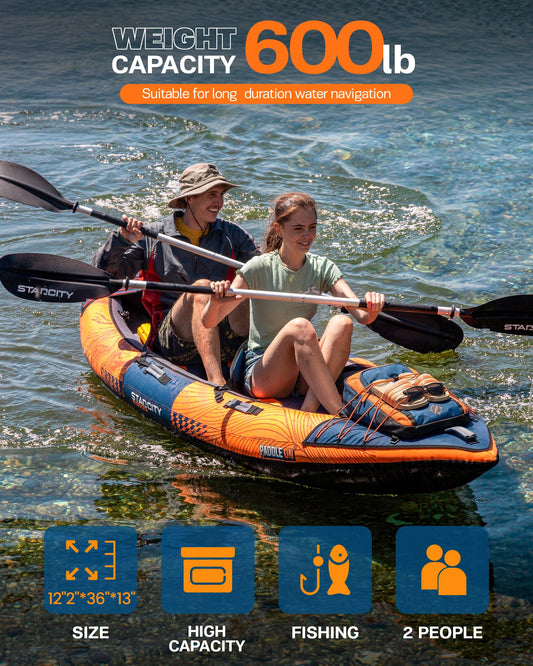 Inflatable tandem touring/fishing kayak, 600lb capacity, stable design, adjustable seats