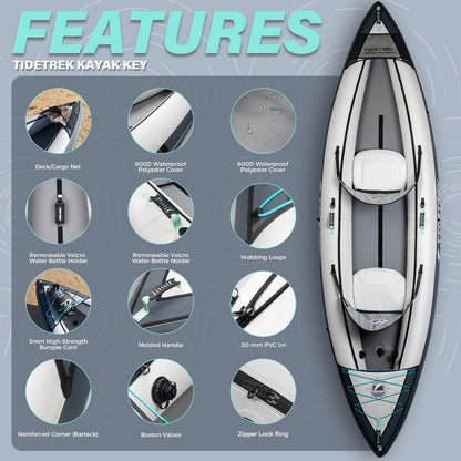 TIDETREK inflatable touring kayak, 1 or 2-person, waterproof seat, full accessories kit