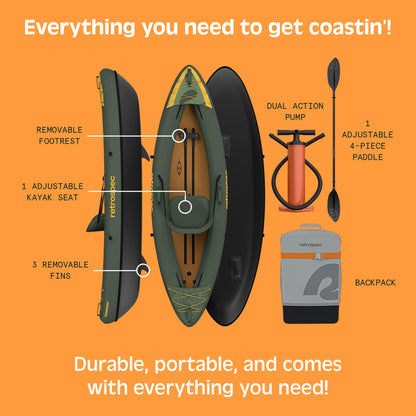 Retrospec Coaster inflatable kayak, single/tandem options, portable, pump, paddle, carry bag