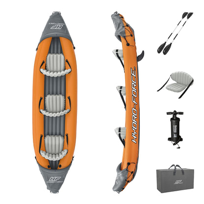 Bestway Hydro-Force Rapid X3 inflatable kayak set, 3-person, paddles, pump, fins, carry bag