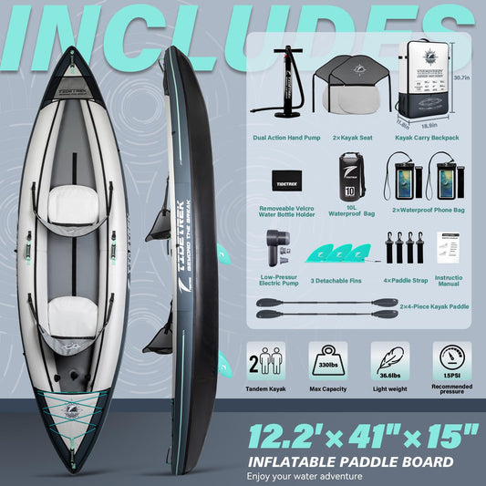 TIDETREK inflatable touring kayak, 1 or 2-person, waterproof seat, full accessories kit
