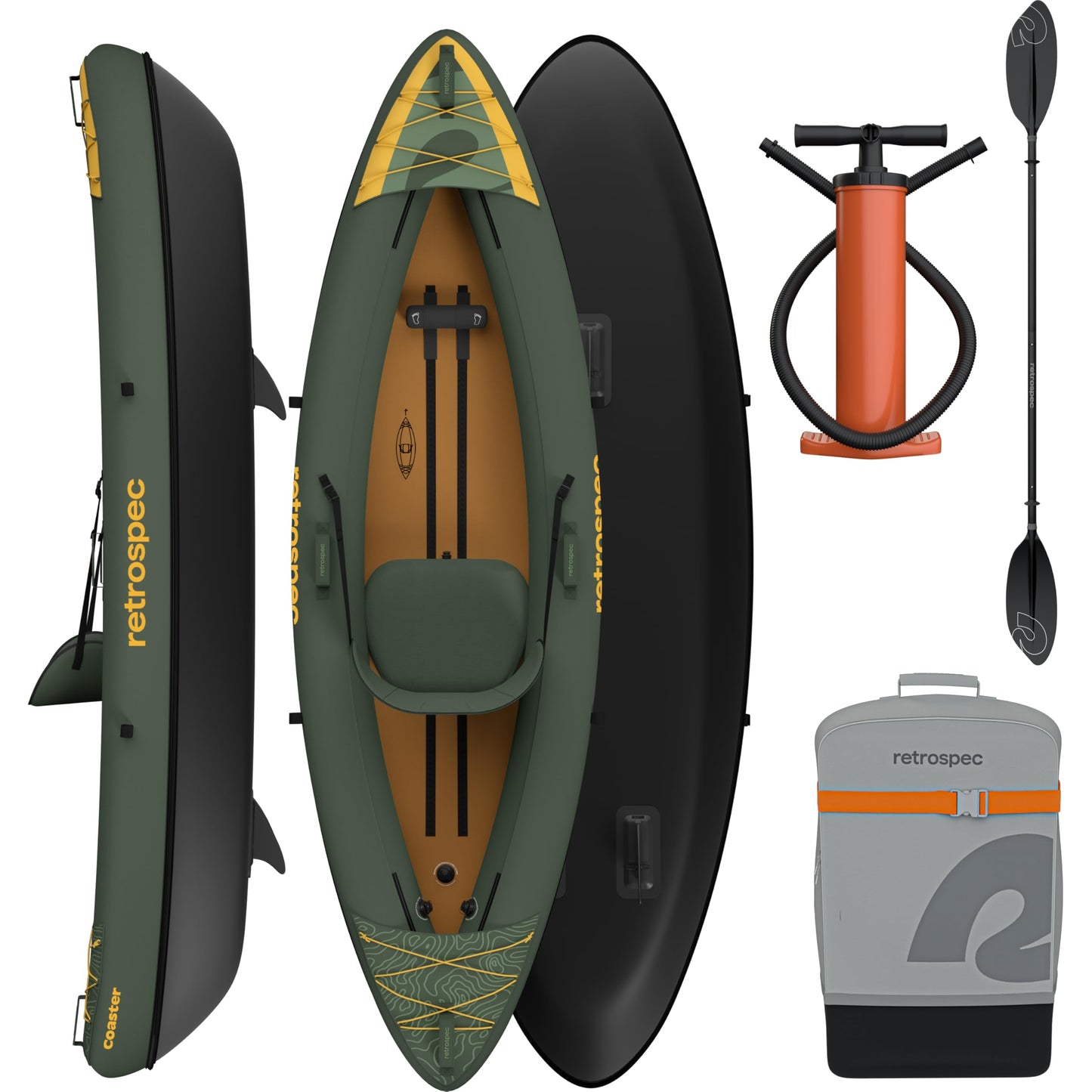 Retrospec Coaster inflatable kayak, single/tandem options, portable, pump, paddle, carry bag