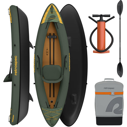 Retrospec Coaster inflatable kayak, single/tandem options, portable, pump, paddle, carry bag