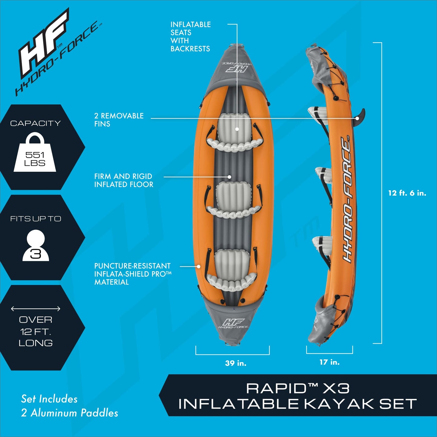 Bestway Hydro-Force Rapid X3 inflatable kayak set, 3-person, paddles, pump, fins, carry bag
