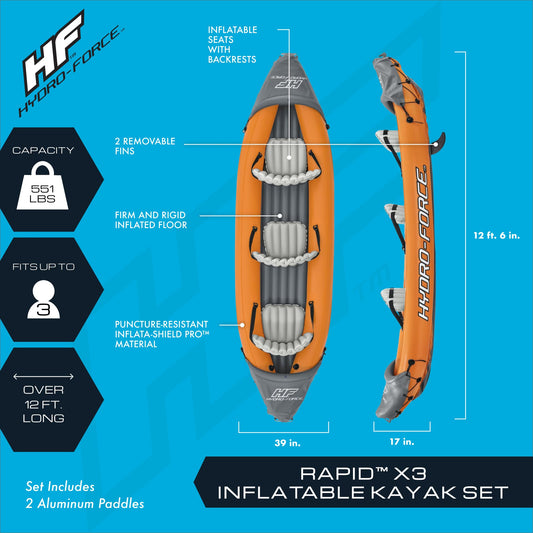 Bestway Hydro-Force Rapid X3 inflatable kayak set, 3-person, paddles, pump, fins, carry bag