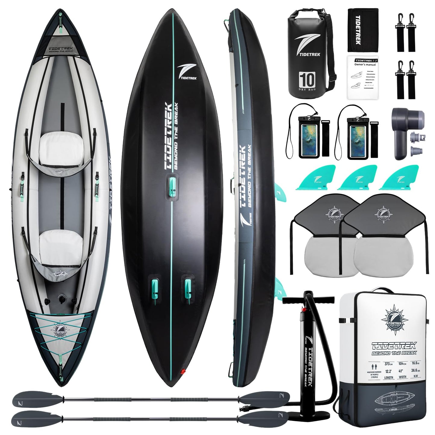 TIDETREK inflatable touring kayak, 1 or 2-person, waterproof seat, full accessories kit