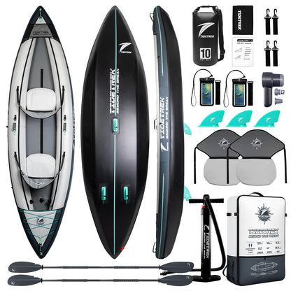 TIDETREK inflatable touring kayak, 1 or 2-person, waterproof seat, full accessories kit