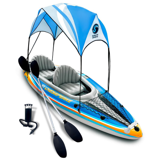 Sunlite Sports 2-person inflatable kayak with canopy, aluminum oars, pump, carry bag, 400lb