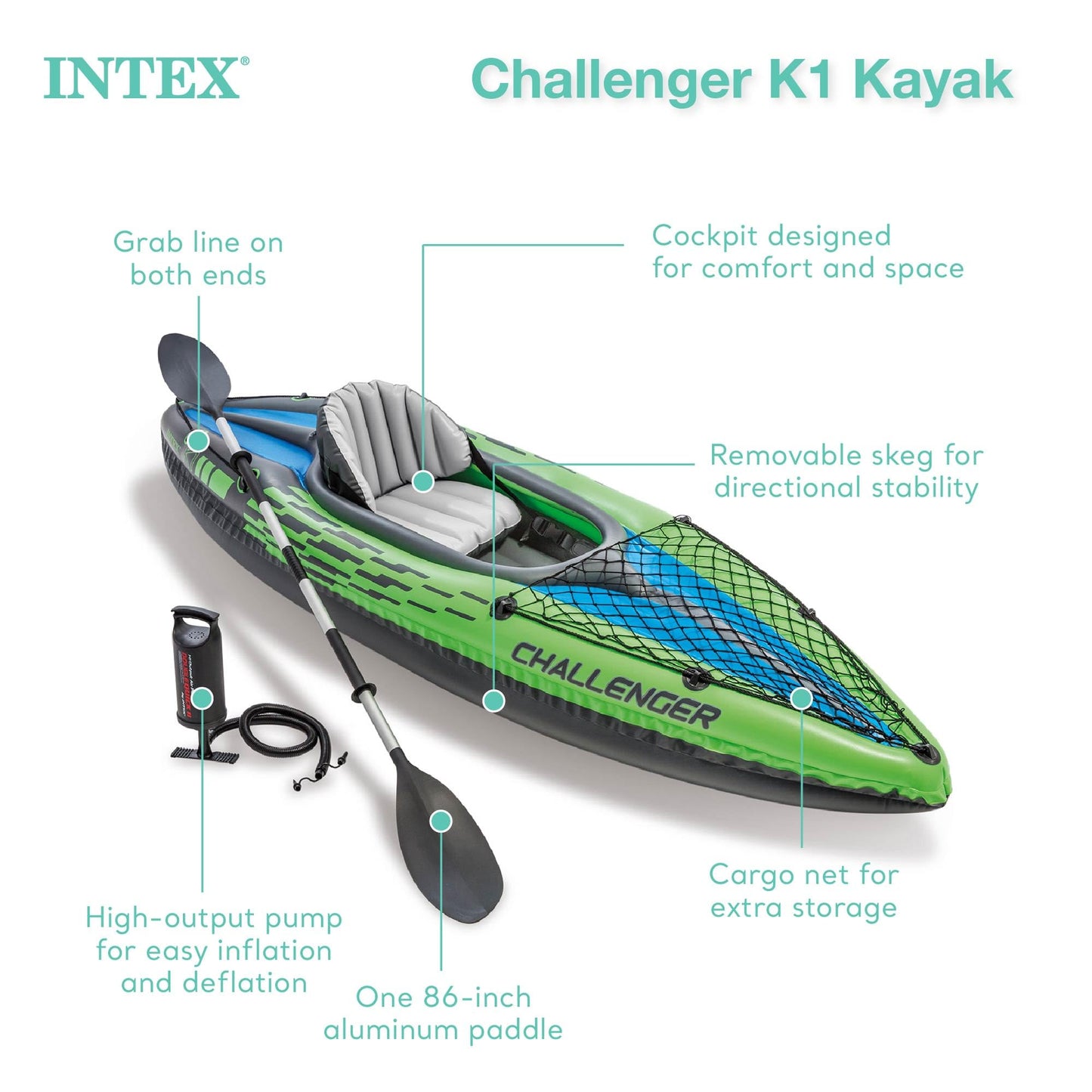 Intex Challenger K1 sporty inflatable kayak, 1-person, seat, oar, pump, repair kit