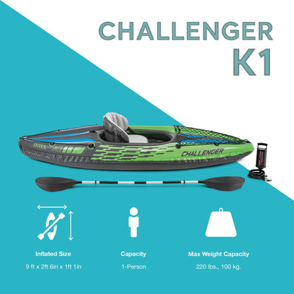 Intex Challenger K1 sporty inflatable kayak, 1-person, seat, oar, pump, repair kit
