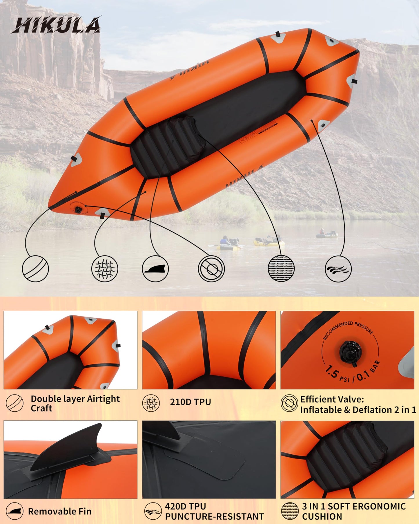 HIKULA lightweight TPU packraft, inflatable kayak for adults/kids, compact, durable, rapid inflate