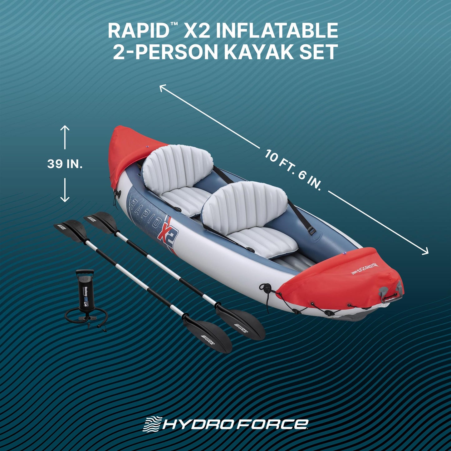 Bestway Hydro-Force Rapid X2 inflatable 2-person kayak, paddles, pump, removable fins