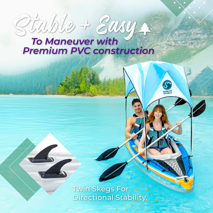 Sunlite Sports 2-person inflatable kayak with canopy, aluminum oars, pump, carry bag, 400lb