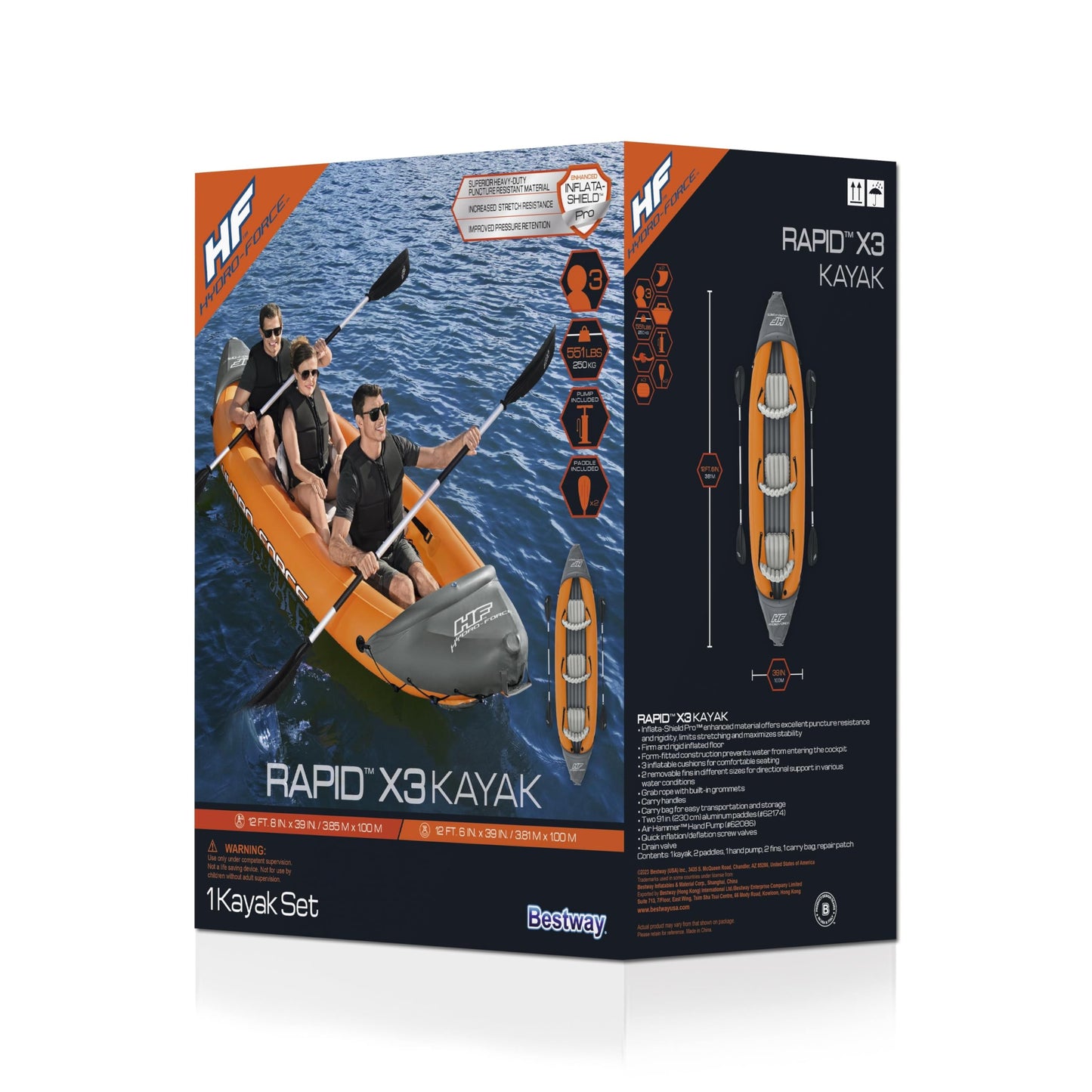 Bestway Hydro-Force Rapid X3 inflatable kayak set, 3-person, paddles, pump, fins, carry bag