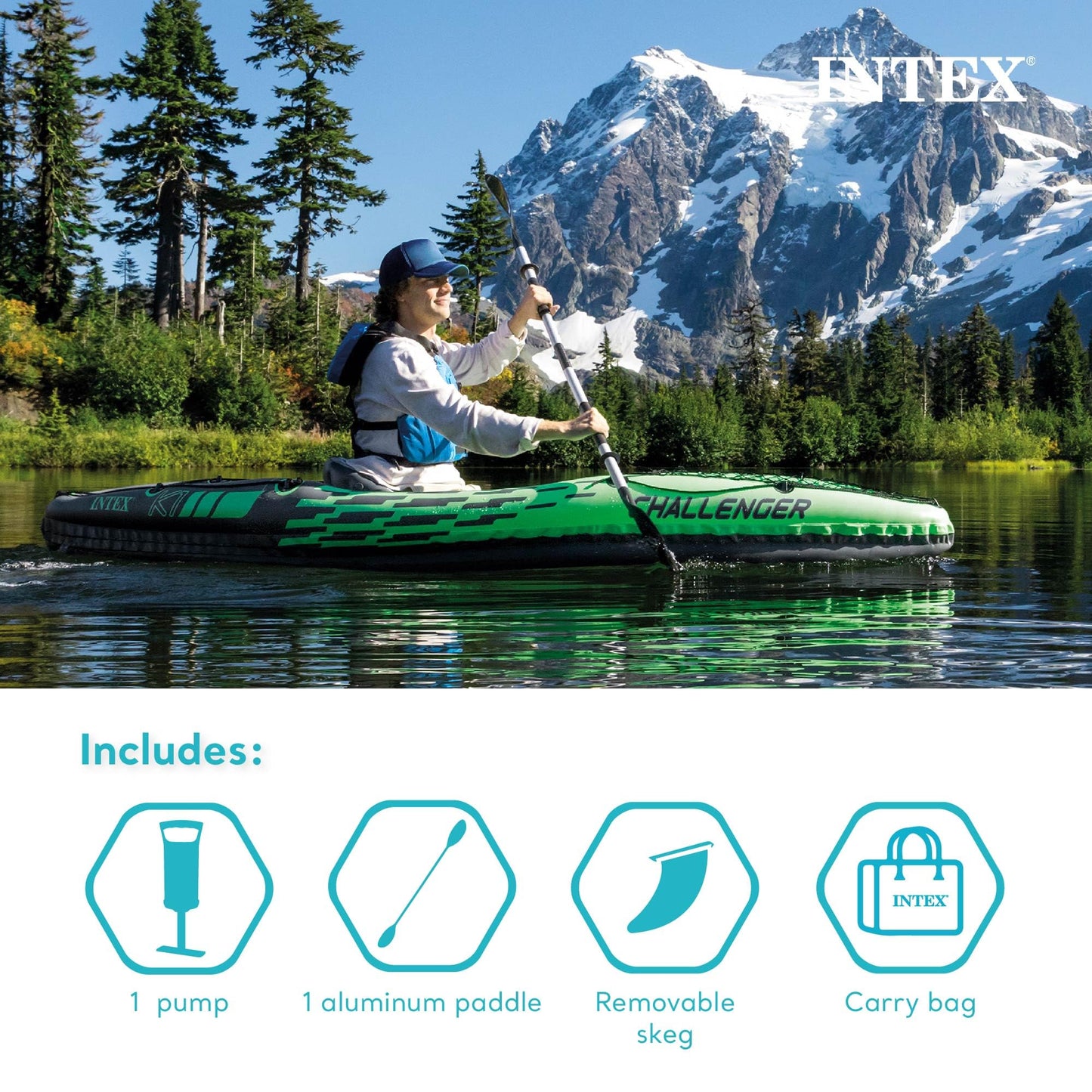 Intex Challenger K1 sporty inflatable kayak, 1-person, seat, oar, pump, repair kit