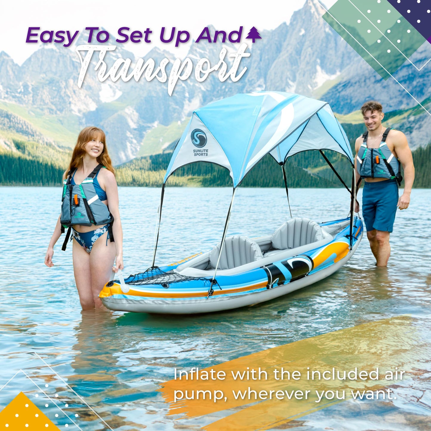 Sunlite Sports 2-person inflatable kayak with canopy, aluminum oars, pump, carry bag, 400lb