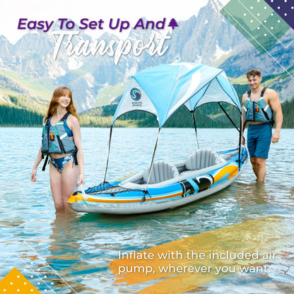 Sunlite Sports 2-person inflatable kayak with canopy, aluminum oars, pump, carry bag, 400lb