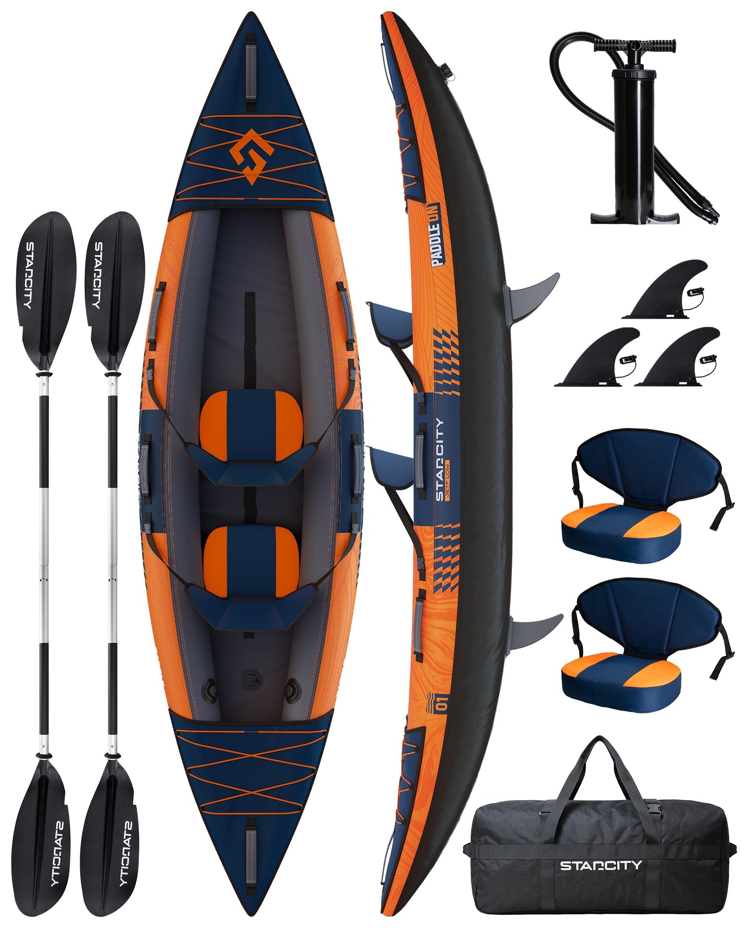 Inflatable tandem touring/fishing kayak, 600lb capacity, stable design, adjustable seats