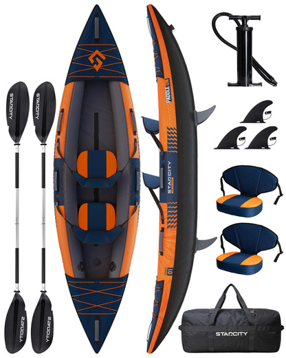 Inflatable tandem touring/fishing kayak, 600lb capacity, stable design, adjustable seats