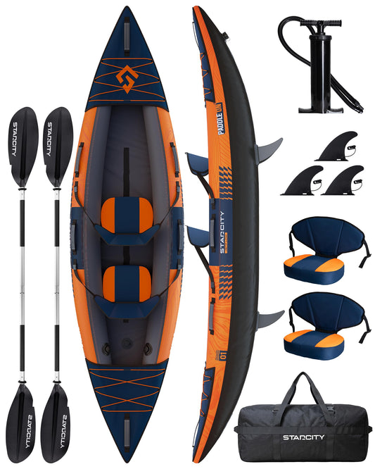 Inflatable tandem touring/fishing kayak, 600lb capacity, stable design, adjustable seats