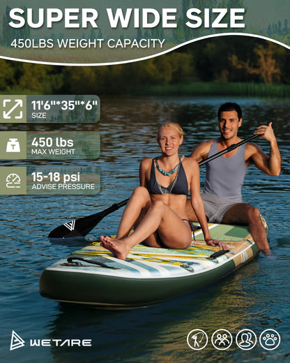 WETARE 11'6"x35" inflatable paddle board, 450lb capacity, extra wide, stable SUP
