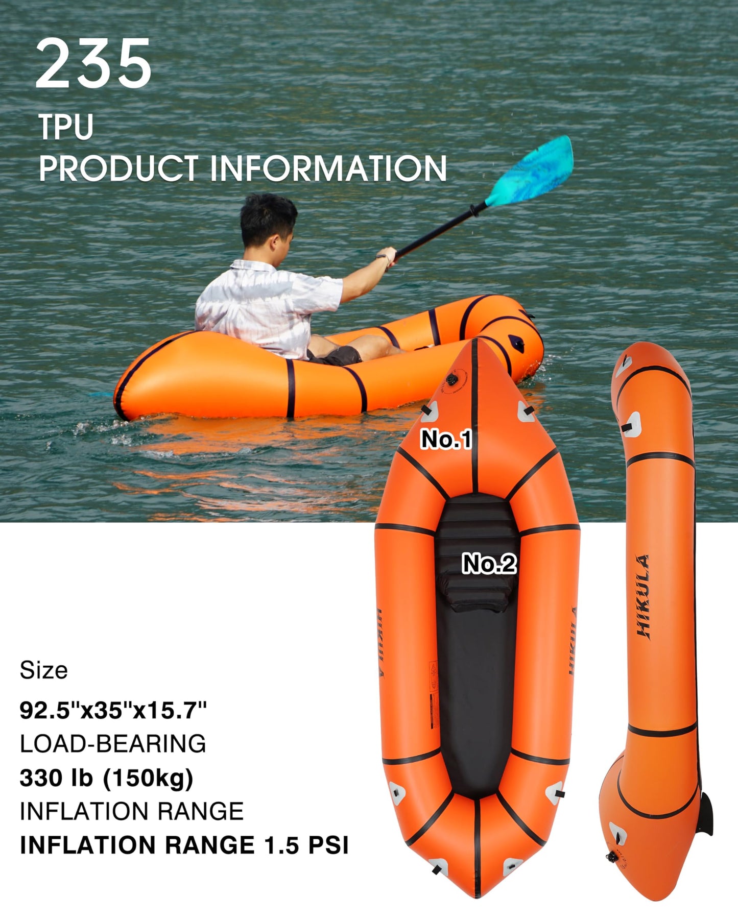 HIKULA lightweight TPU packraft, inflatable kayak for adults/kids, compact, durable, rapid inflate