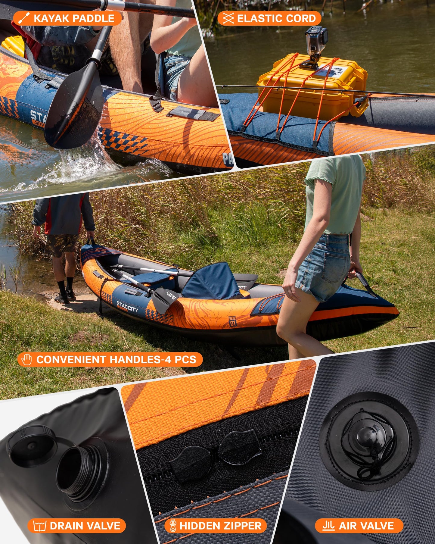 Inflatable tandem touring/fishing kayak, 600lb capacity, stable design, adjustable seats