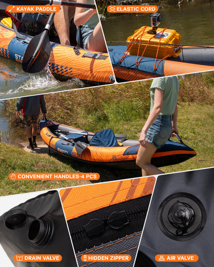 Inflatable tandem touring/fishing kayak, 600lb capacity, stable design, adjustable seats