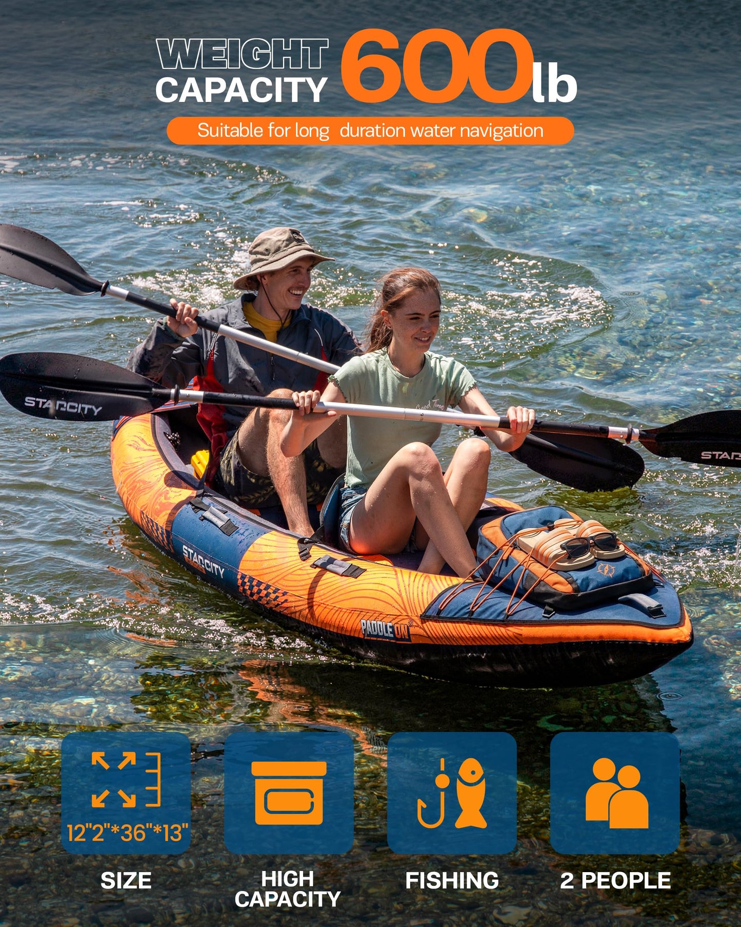Inflatable tandem touring/fishing kayak, 600lb capacity, stable design, adjustable seats