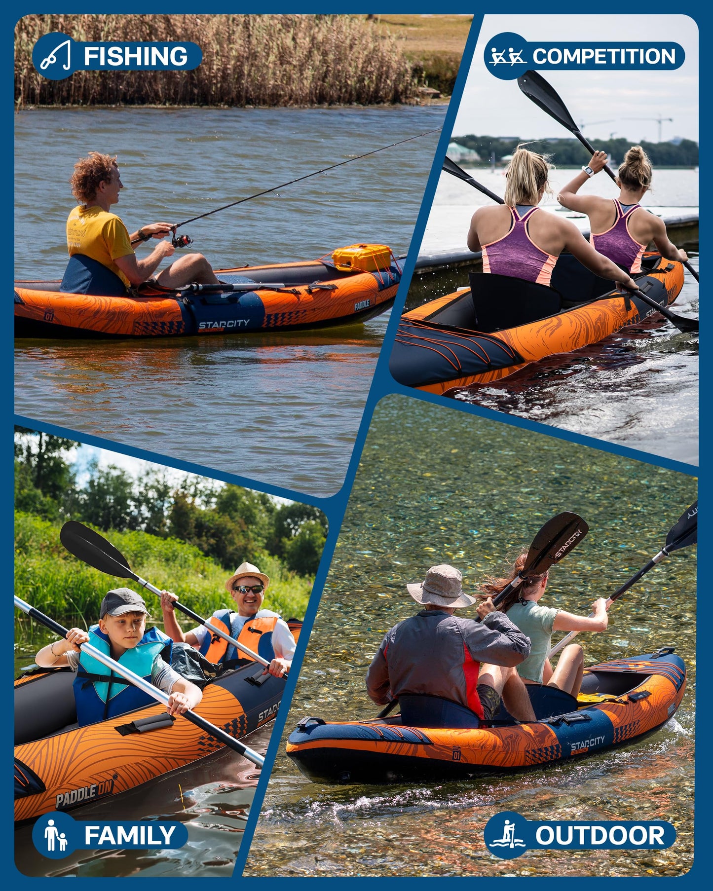 Inflatable tandem touring/fishing kayak, 600lb capacity, stable design, adjustable seats