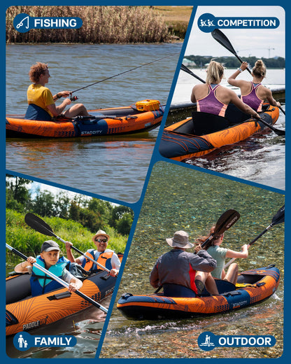 Inflatable tandem touring/fishing kayak, 600lb capacity, stable design, adjustable seats