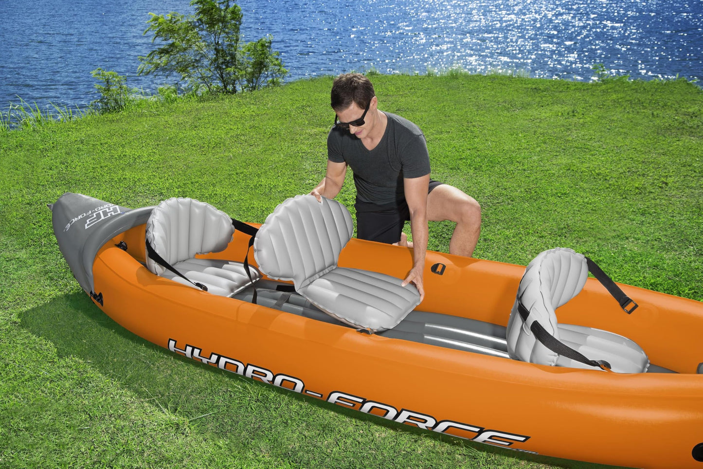 Bestway Hydro-Force Rapid X3 inflatable kayak set, 3-person, paddles, pump, fins, carry bag